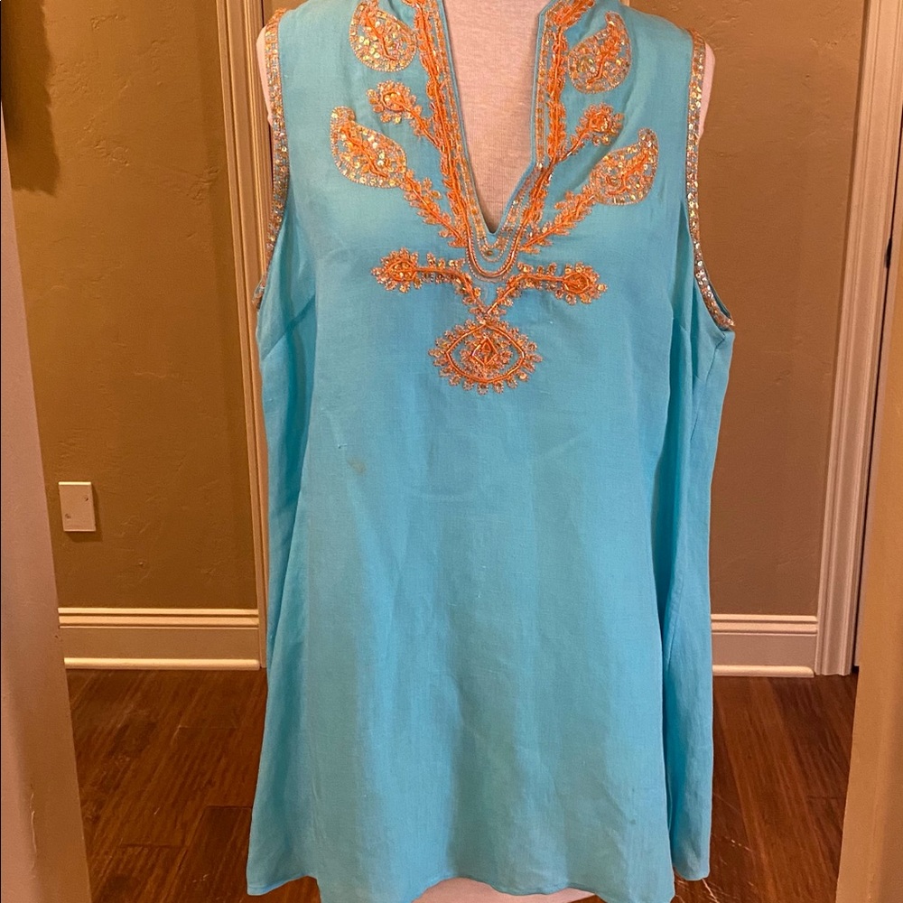 SOLD Aqua Blue Linen Sleeveless Top